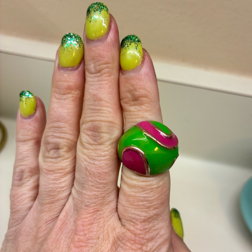 Handmade Bold Green & Pink Metal and Enamel Dome Ring